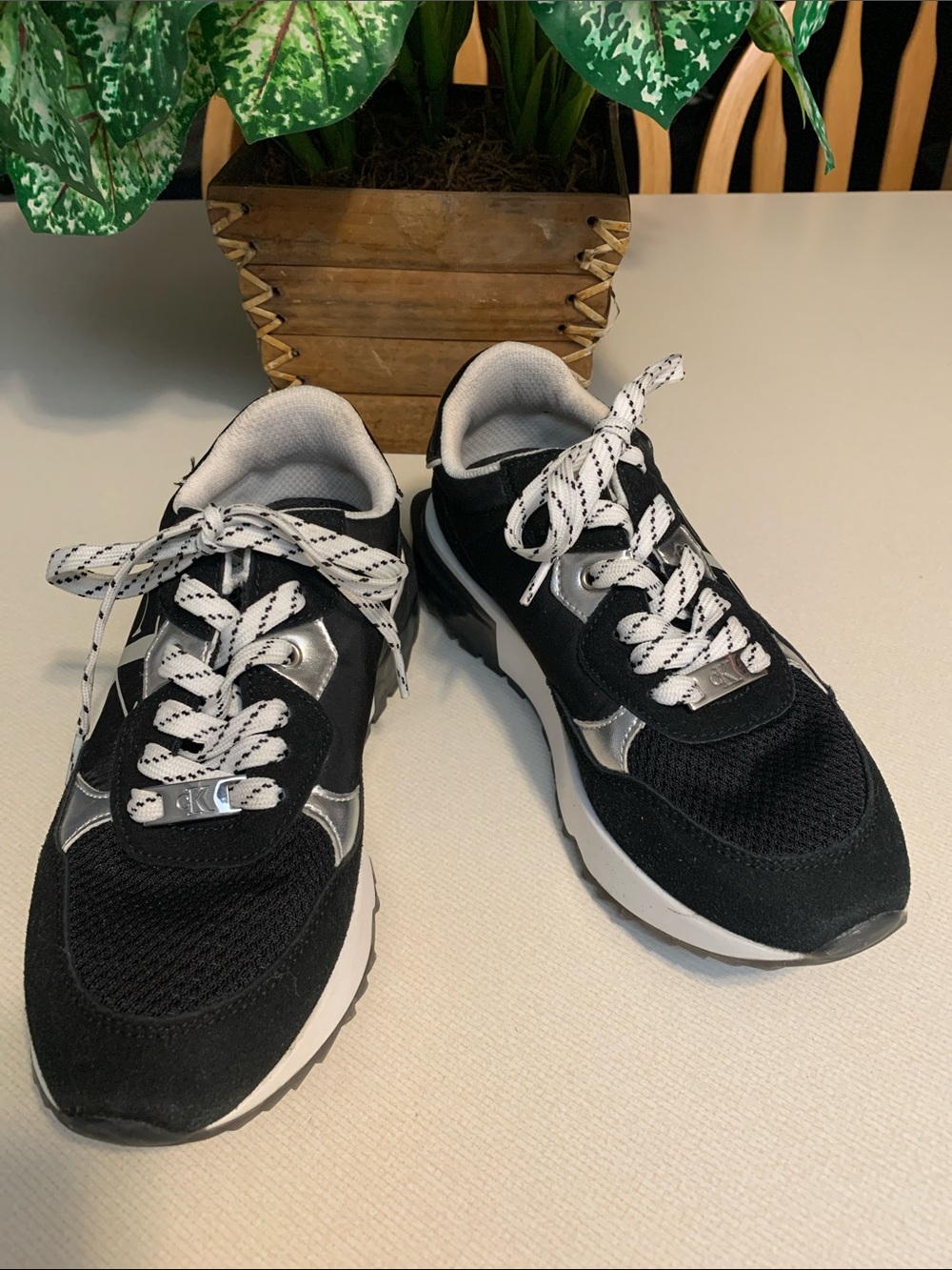 Calvin Klein Black and Silver Women's Sneakers